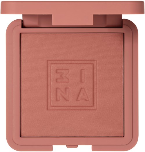 A square blush in a pink case with a lid. The blush has a logo embossed in the center.