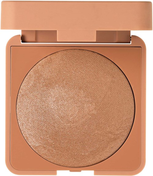 Ettsminke-kompakt med bronsefarget pudder inni og en rosa-beige plan. Låsen er åpen.