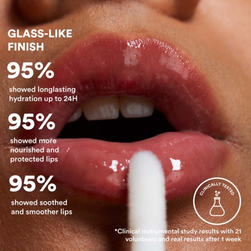 Text über ein Lippenprodukt mit Vorteilen: langanhaltende Hydratation, genährte und geschützte Lippen, glatte Lippen und klinische Testergebnisse.