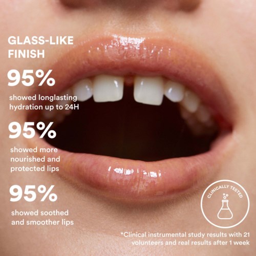 Close-up of lips with shiny gloss, showing hydration, nourishment, and smoothness. Text about results and testing.