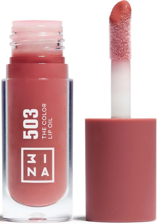 Eine rosa Lipgloss-Flasche mit Applikator, der eine glänzende, blassrosa Farbe zeigt.