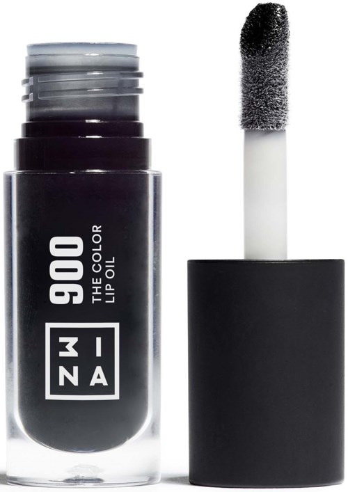 Ein schwarzer Lippenölbehälter mit weißem Etikett und offenem Applikator mit schwarzem Glanz.