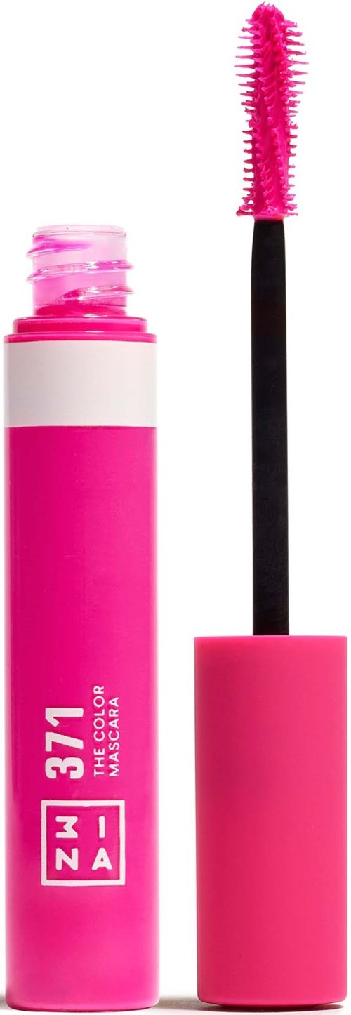 Pink mascara tube with open cap showing mascara wand. The wand has pink mascara on it.