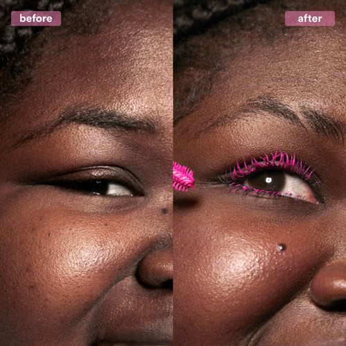 Side-by-side comparison showing before and after makeup, highlighting eye and eyebrow enhancement.