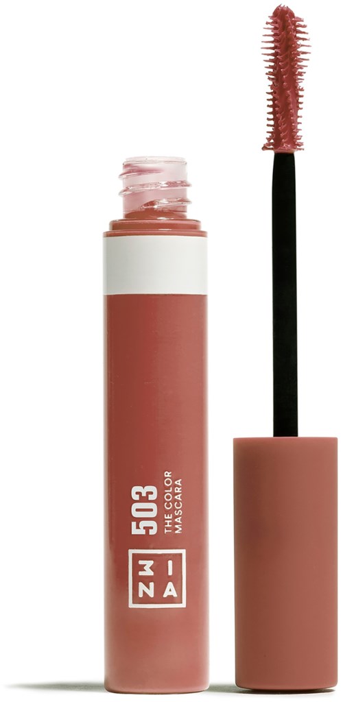 Lip gloss tube with a wand showing pinkish lip gloss. The tube is pink with white text.