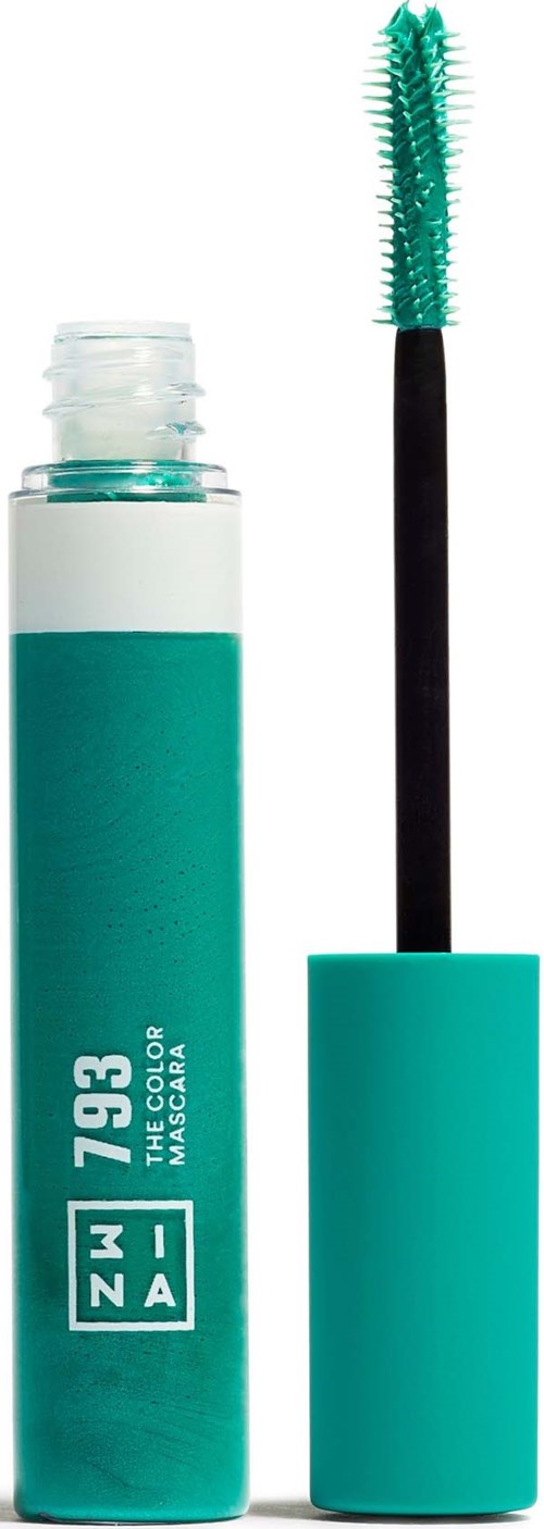 A teal mascara tube with a black wand and curved brush showing. Text on the tube indicates a 93-hour waterproof mascara.