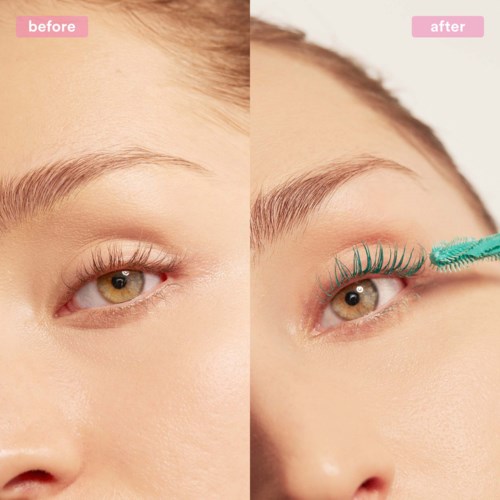 A woman is shown before and after applying mascara on her eyelashes.