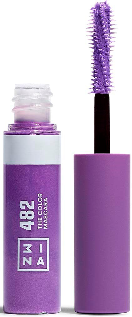 Purple mascara in a tube with a purple brush applicator. The cap is removed, showing the brush.