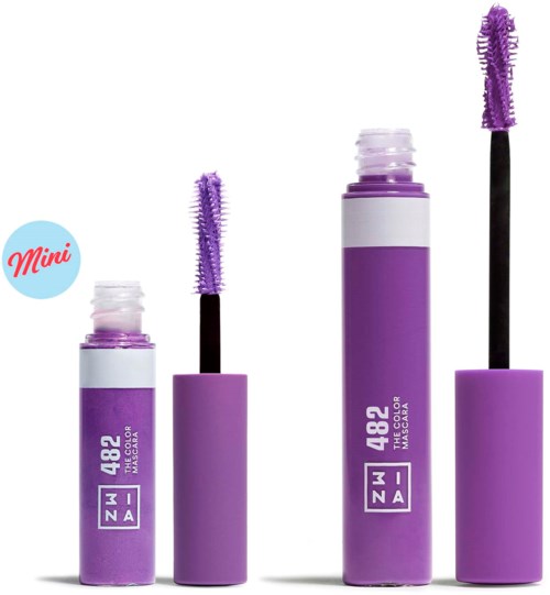 Three purple mascara bottles with brushes, smallest to largest, words on bottles, and a small blue circle saying 'Mini'.