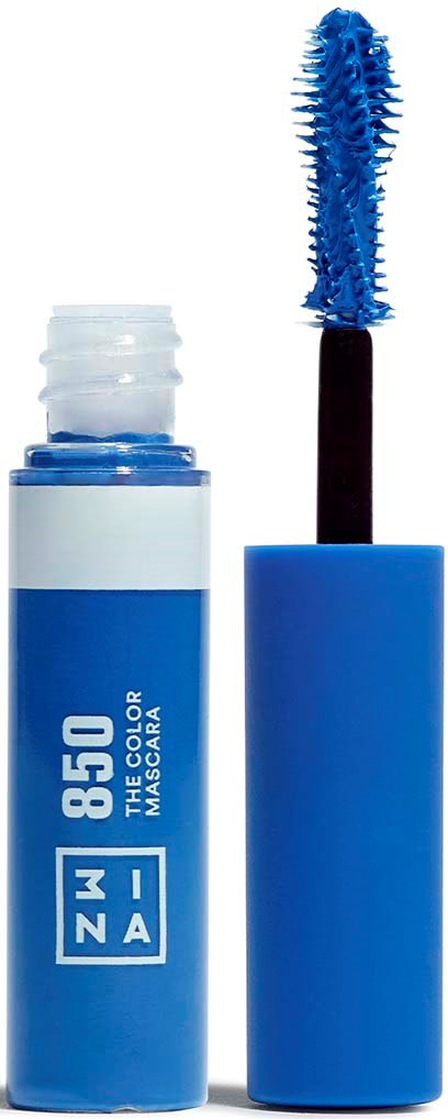 Blue mascara tube with a blue cap and wand. The label shows '850 THE COLOR MASCARA' and 'MINA'.