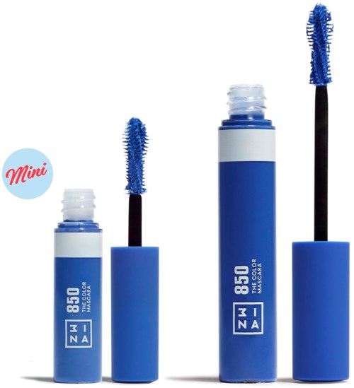 Three blue mascara tubes of different sizes with wands, and a small circle with red 'Mini' text.