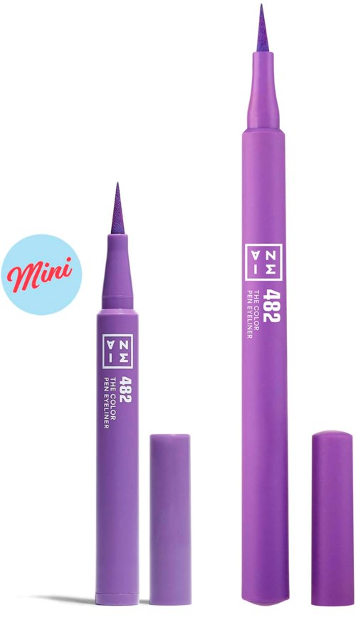 Two purple liquid pens with caps, labeled 'V 482', one smaller with 'Mini' style label, and a purple lid.