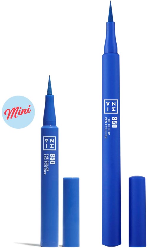 Two blue ink pens, one labeled 'Mini' and smaller, both with caps removed, standing upright.