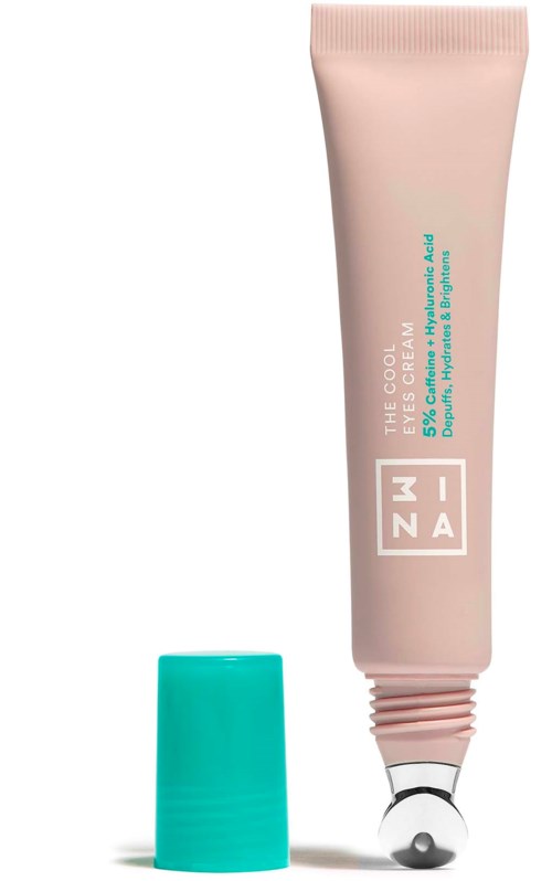 Silmäihonhoitovoideputki, jossa on korkki, merkinnät 'Mina' ja 'Hyaluronic & Vitamin C'.
