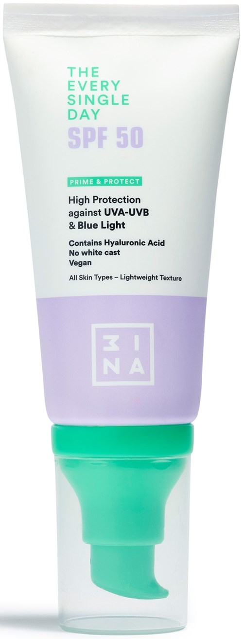 Zonnebrandcrème tube met SPF 50, biedt hoge bescherming tegen UV-stralen en blauw licht, lichte textuur.