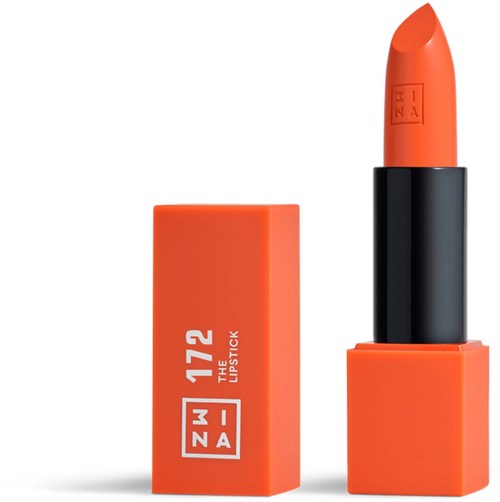 En orange läppstift med svart bas och en matchande orange box bredvid. Läppstiftet är delvis öppet.