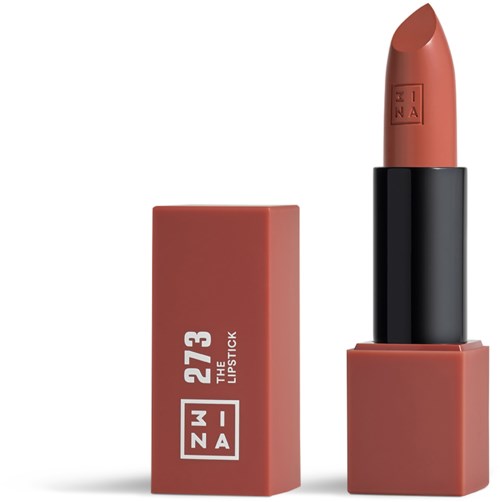 Nude läppstift i brunt, i ett fyrkantigt svart och rosa fodral.