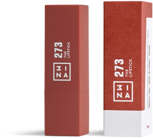 En läppstift i ett rosa skal med vitt text och en matchande kartong.