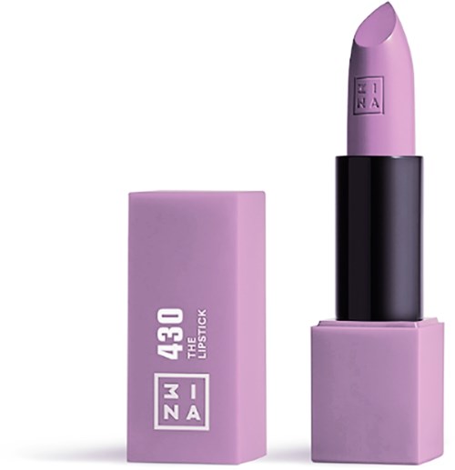 En lavendelfärgad läppstift med svart band och matchande box märkt "430 THE LIPSTICK" och "ZNA".