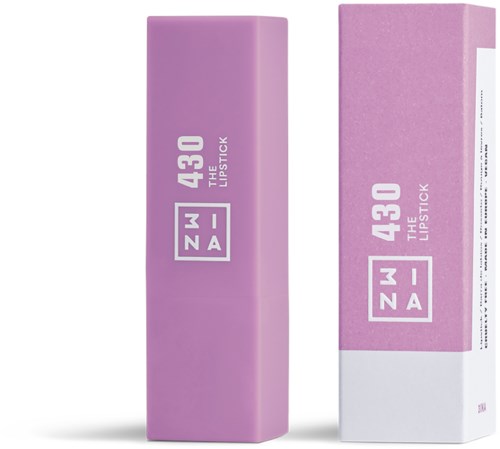 Lila läppstiftsförpackning och honcase med vit och lila etikett, visar ZWZA 430 THE LIPSTICK.
