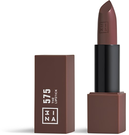Läppstift i matt brunt skuggning med svart tub och brun låda, märkt '57.5' och 'LIPSTICK'.
