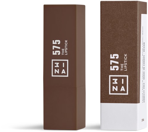Ett brunt läppstift tillhörande en matchande rektangulär box med vita och bruna färgblock, branding och produktnamn.