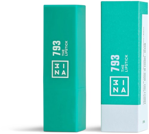 Ett läppstift med ljus turkos förpackning och vit text, inklusive förpackning och ett mindre rör.