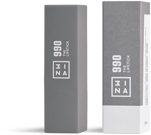 En grå låda och en låda med samma logotyp, båda för en läppstiftsprodukt. Logotypen har text och en kvadratdesign.