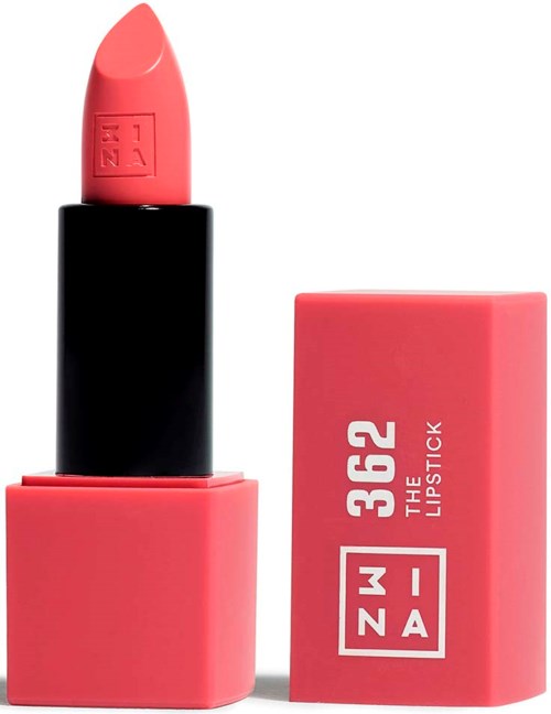 Läppstift i rosa med en svart mitt, bredvid sin matchande rosa förpackning med vit text.