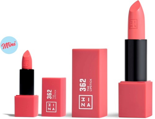 Fyra läppstift i olika storlekar och nyanser, med svarta baser och rosa förpackningar, placerade i rad.