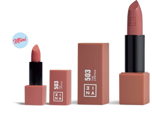 Läppstift i svart skal med rosa yttre, mindre för resor, större box, alla märkta 503 och JUNA.