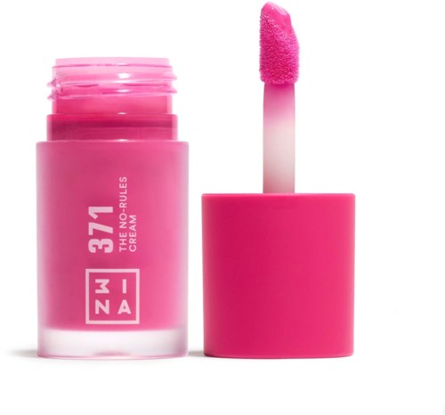 A pink lip gloss tube with open cap, showing applicator with pink gloss. The label reads '371 NO RULES CREAM."