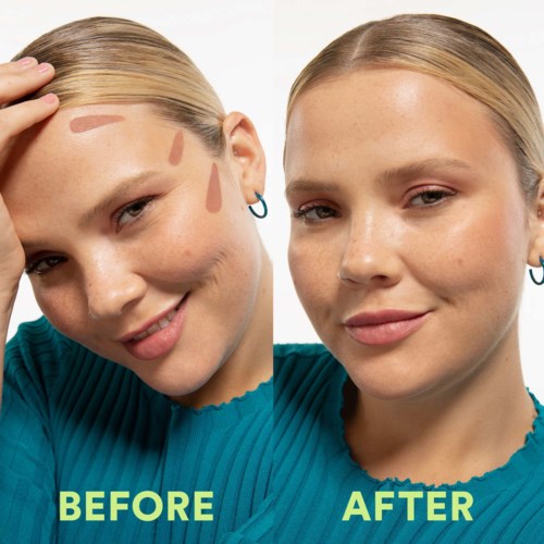 A woman shows her face before and after applying makeup, smiling in both images with clear skin and a blue shirt.