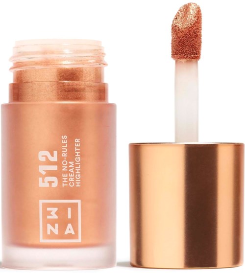 En rosa-beige flytande highlighter med wand-applikator och ett gyllene lock.