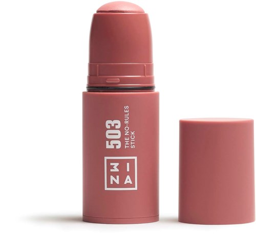Pink deodorant stick with a removable cap, labeled '50A M Z' and 'THE NO RULES STICK' on it.