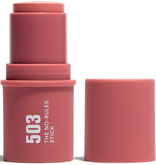 A pink lipstick with a gray base, showing lipstick extended and the cap off.