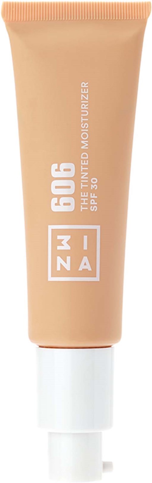 A beige tube of tinted moisturizer with SPF 30, labeled '606 THE TINTED MOISTURIZER,' and a white pump.