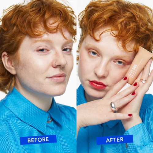 A woman with short red hair shows her face before and after applying makeup, holding a makeup product in the second photo.