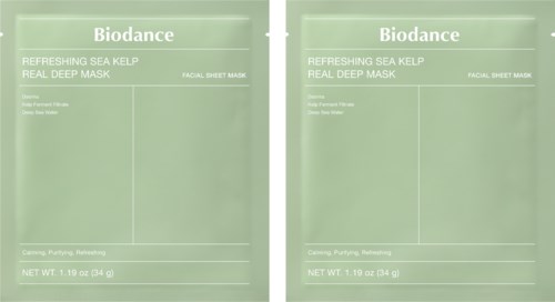 Two face mask packets labeled Biodance, with green packaging and product details.