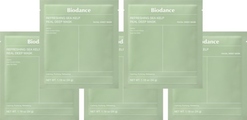 Multiple green packs of Biodance sea kelp face mask, showing product name and details in white text.