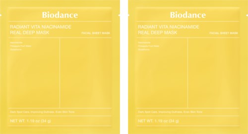 Two yellow facial sheet mask packets labeled 'Biodance' with product details.