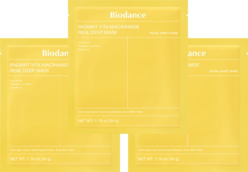 Three yellow face masks labeled 'Biodance,' each with different names and details. They are for skin care use.