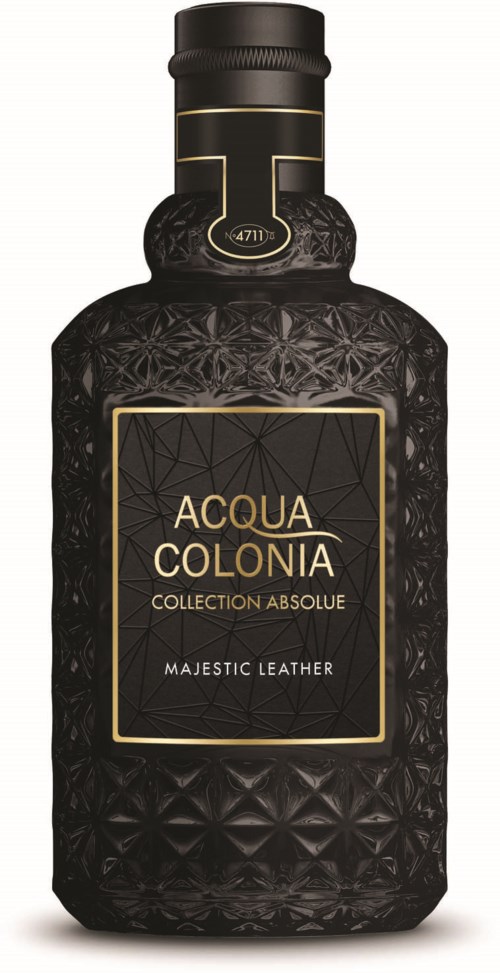 A black bottle with a textured star pattern, gold accents, and a label reading Acqua Colonia Collection Absolute Majestic Leather.