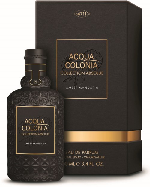 A black perfume bottle with a textured pattern and gold accents, next to a matching black box with gold details.