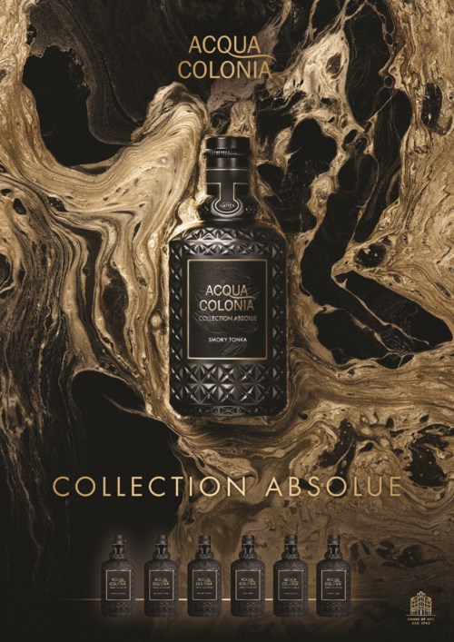 A black bottle of Acqua Colonia perfume surrounded by a swirling, gold and black marble background with text indicating a collection.