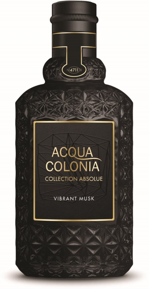 Black bottle with gold details, labeled 'Acqua Colonia Vibration Musk'. Decorative pattern on the bottle.