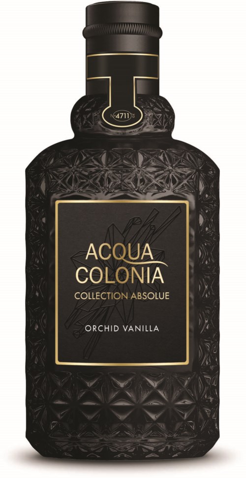 A black bottle with a textured surface and gold accents, labeled 'Acqua Colonia Orchid Vanilla', collection absolute.