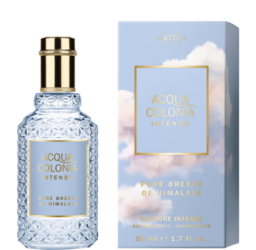 En parfyllåda med en blå box, båda med guldaccenter och himmel/molnbilder, märkta 'Acqua Colonia Intense'.