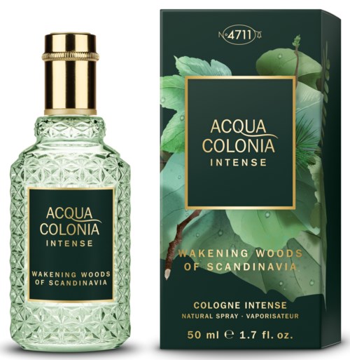 Hajusteemo tai kylpyhuoneen tuoksupullo ja laatikko, joissa on vihreitä lehtiä ja teksti 'Acqua Colonia Intense' ja 'Waking Woods of Scandinavia.'