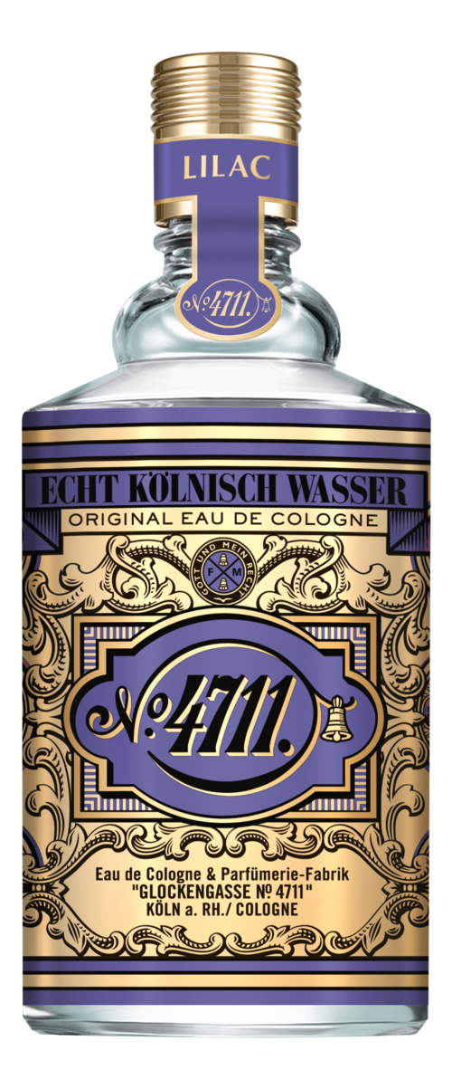 A cologne bottle with purple and gold design, labeled '4711' and 'LILAC',.